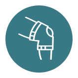 A circular teal icon featuring a white line graphic of a knee brace representing sports injury treatment.