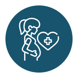 A circular teal icon featuring a white line graphic of a pregnant woman next to a heart with a medical cross.