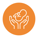 A circular orange icon featuring a white line graphic of a newborn baby cradled by two hands.