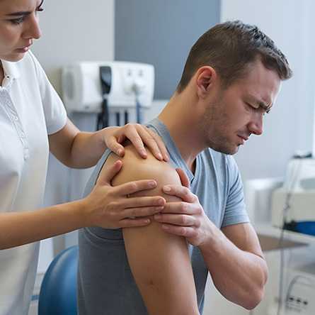 A chiropractor performing a manual adjustment on a patient's shoulder to relieve joint pain.